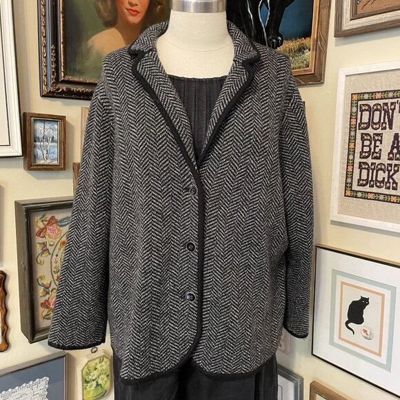 Talbots Black & White Merino Wool Plus Petite Herringbone Blazer Jacket Size 3XP - Picture 1 of 7